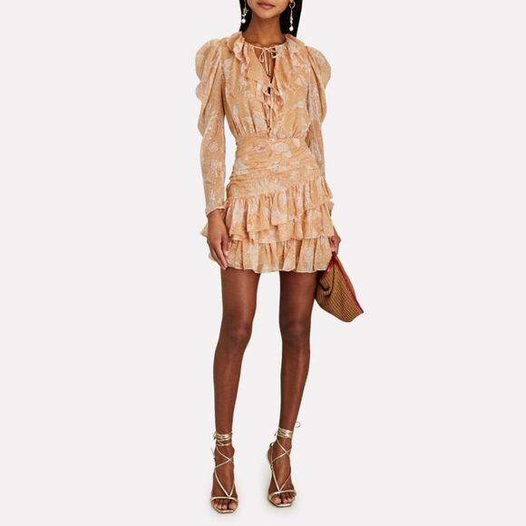 Ulla Johnson Cecily Ruffle Orange and Gold Metallic Floral Mini Dress